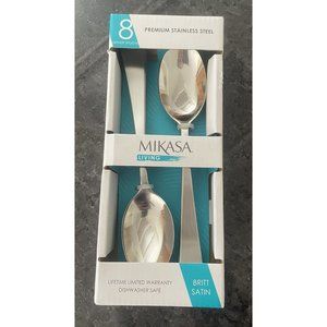 MIKASA Living Britt Satin Premium‎ Stainless Steel Flatware 8 Dinner Spoons New